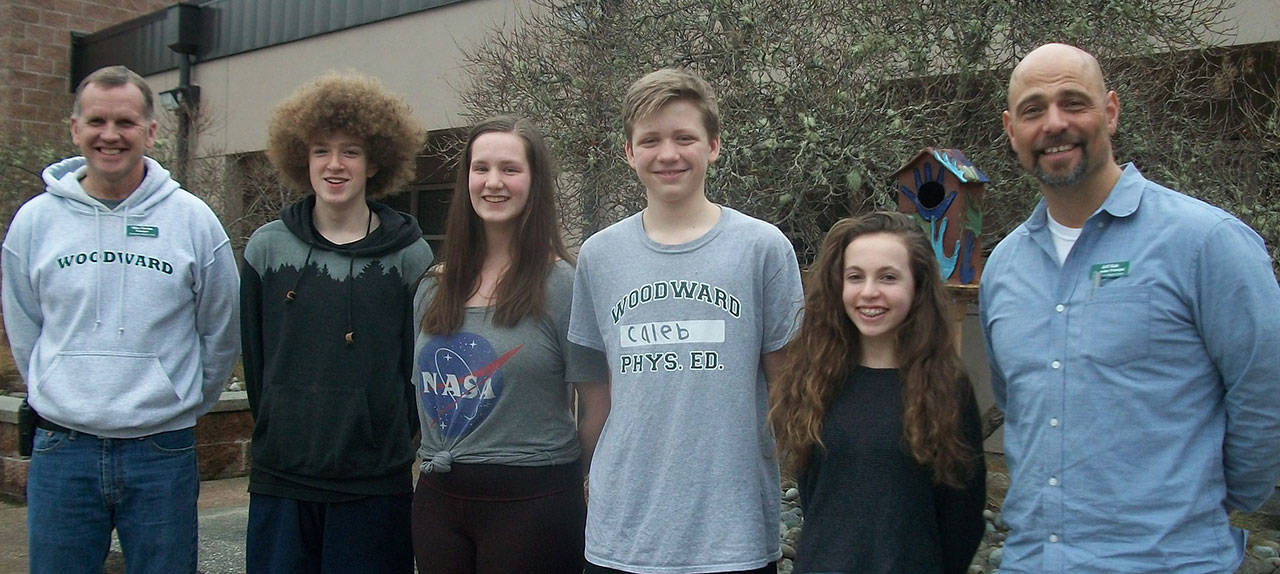 Woodward Principal Mike Florian stands with Students of the Month David Cavalluzzi, Anna Boden, Caleb Durrance and Gigi Hendrickson and Associate Principal Jeff Hale. (Photo courtesy of Woodward Middle School)