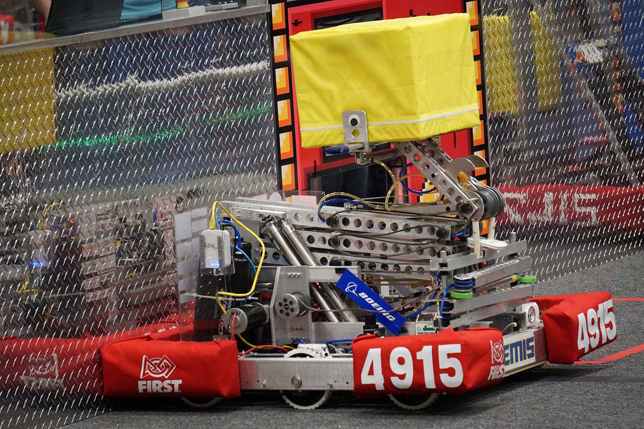 Photo courtesy of Kevin Hawkins | The Spartronics’ 2018 competition robot THEMIS in action during the Mt. Vernon qualifying event.
