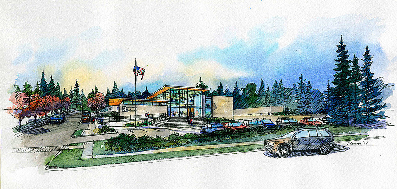The city’s new police station, as earlier envisioned on New Brooklyn Road. (Image courtesy of the city of Bainbridge Island)
