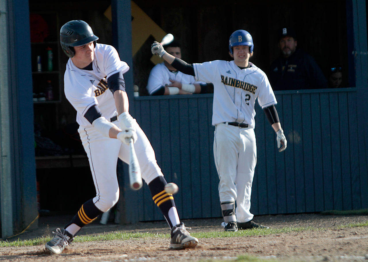 Luciano Marano | Bainbridge Island Review - Spartan Senior Ian Matthews at bat against Ballard Wednesday.                                 Luciano Marano | Bainbridge Island Review - Spartan Senior Ian Matthews at bat against Ballard Wednesday.