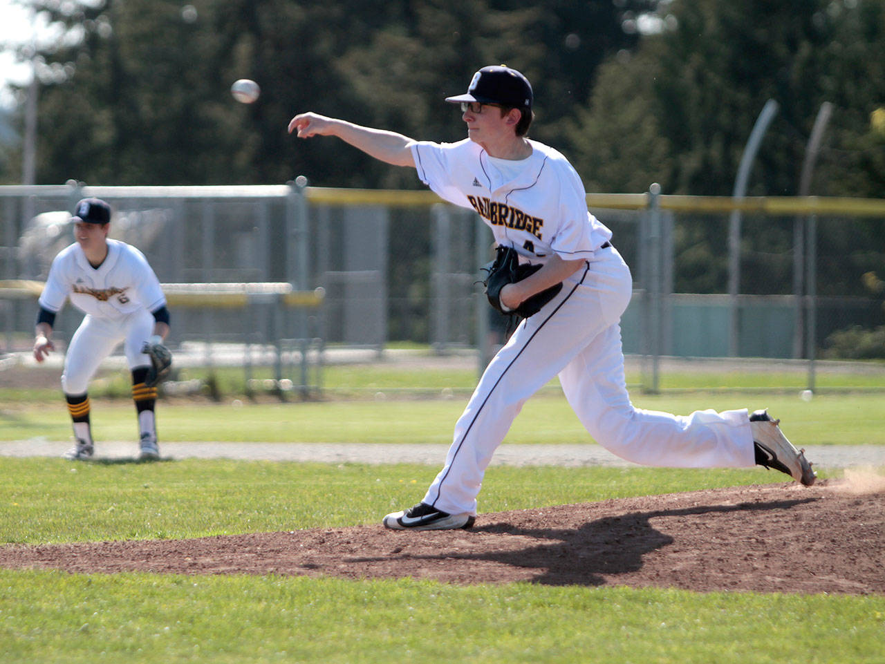 Luciano Marano | Bainbridge Island Review - Spartan senior pitcher James McMurray on the mound Monday. By his own count, the strong-armed Spartan threw 46 pitches in the game’s brisk five innings.