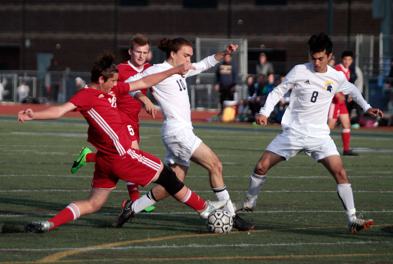Luciano Marano | Bainbridge Island Review - A tension-fraught tie capped the Bainbridge High varsity boys final home match of the year Friday, April 27 — a scrappy and contentious 1-1 draw against the visitors from Ballard.