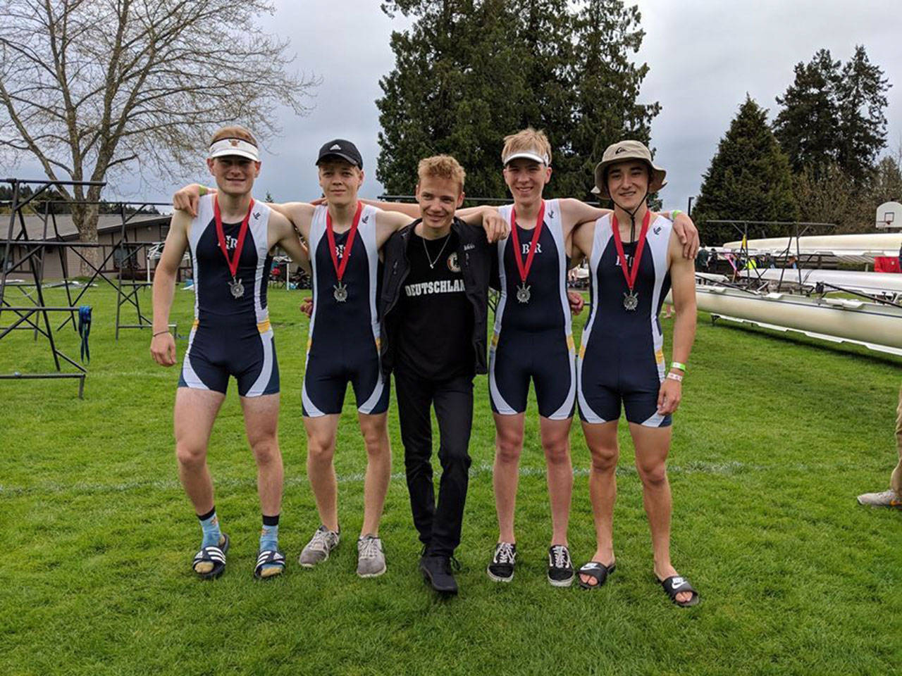 Photo courtesy of Ann Livengood | The Bainbridge Island Rowing Under 19 Men 4+ team: N. Faust, J. Philip, H. Dore, C. Lindquist and N. Sublett (cox), who brought home a Silver Medal from the recent Brentwood Regatta.