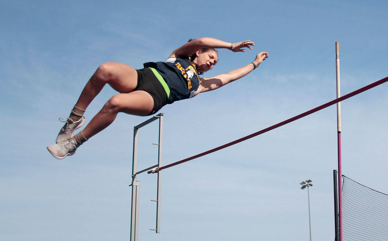 Luciano Marano | Bainbridge Island Review - Spartan senior Emma Chee, on the top pole vaulters in the state, took first place in the event at the final home meet of the Bainbridge High School track season.