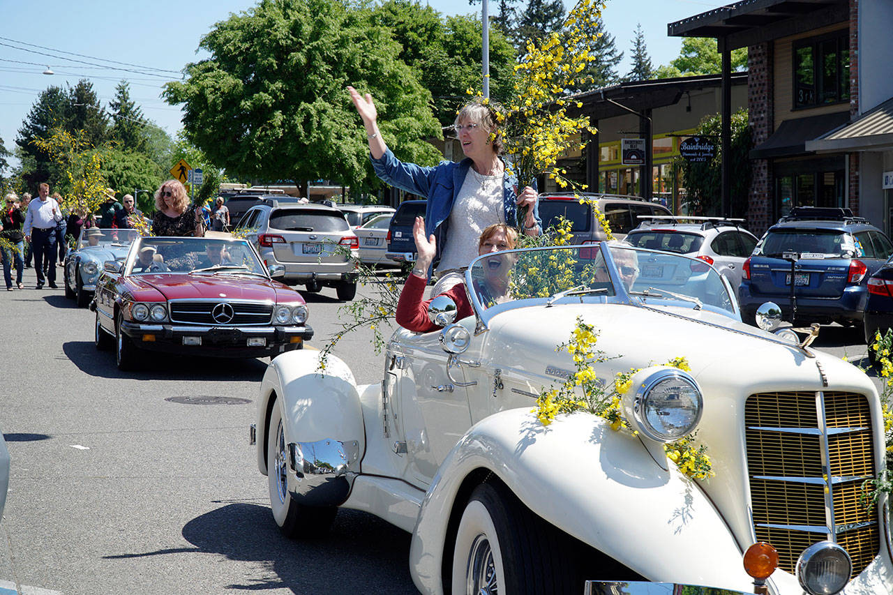 Luciano Marano | Bainbridge Island Review - Following the traditional tiddlywinks match outside Town & Country Market, longtime islander Laurie Gallagher Maltman was crowned as the 2018 Scotch broom queen Tuesday, May 15.