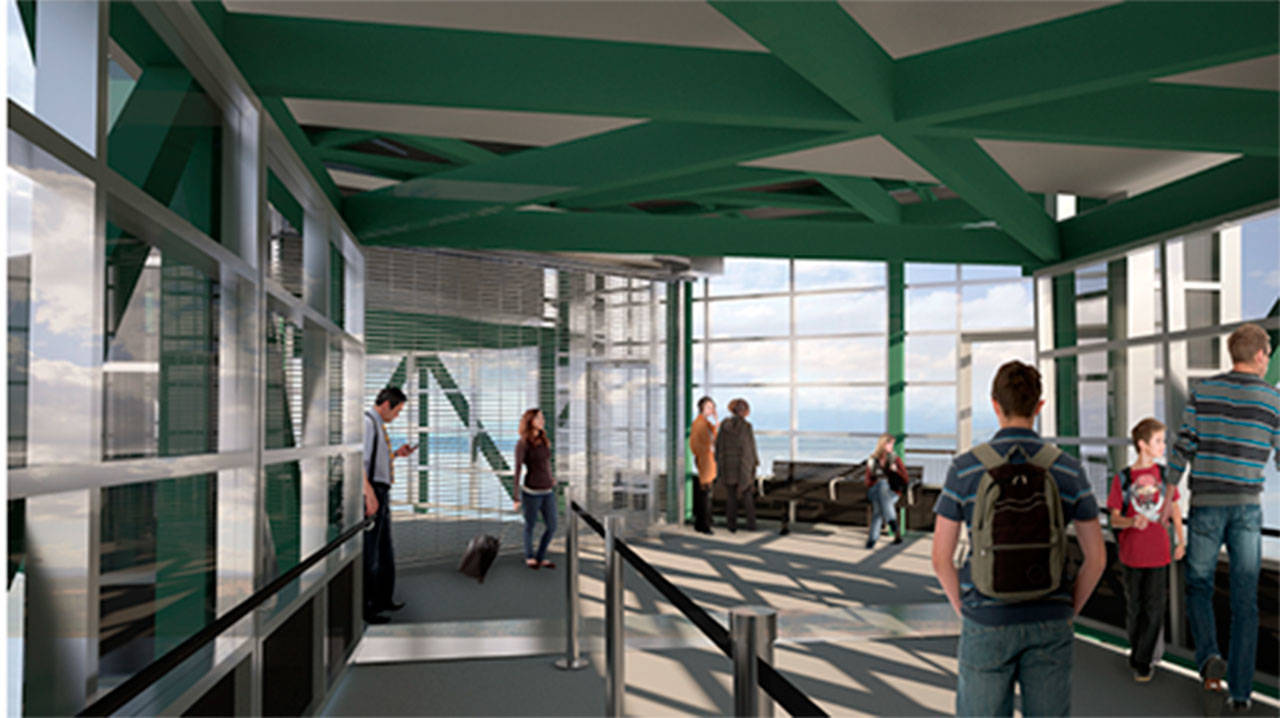An artist’s rendition of the inside of the proposed new passenger walkway at the Bainbridge ferry terminal. (Image courtesy of WSF)