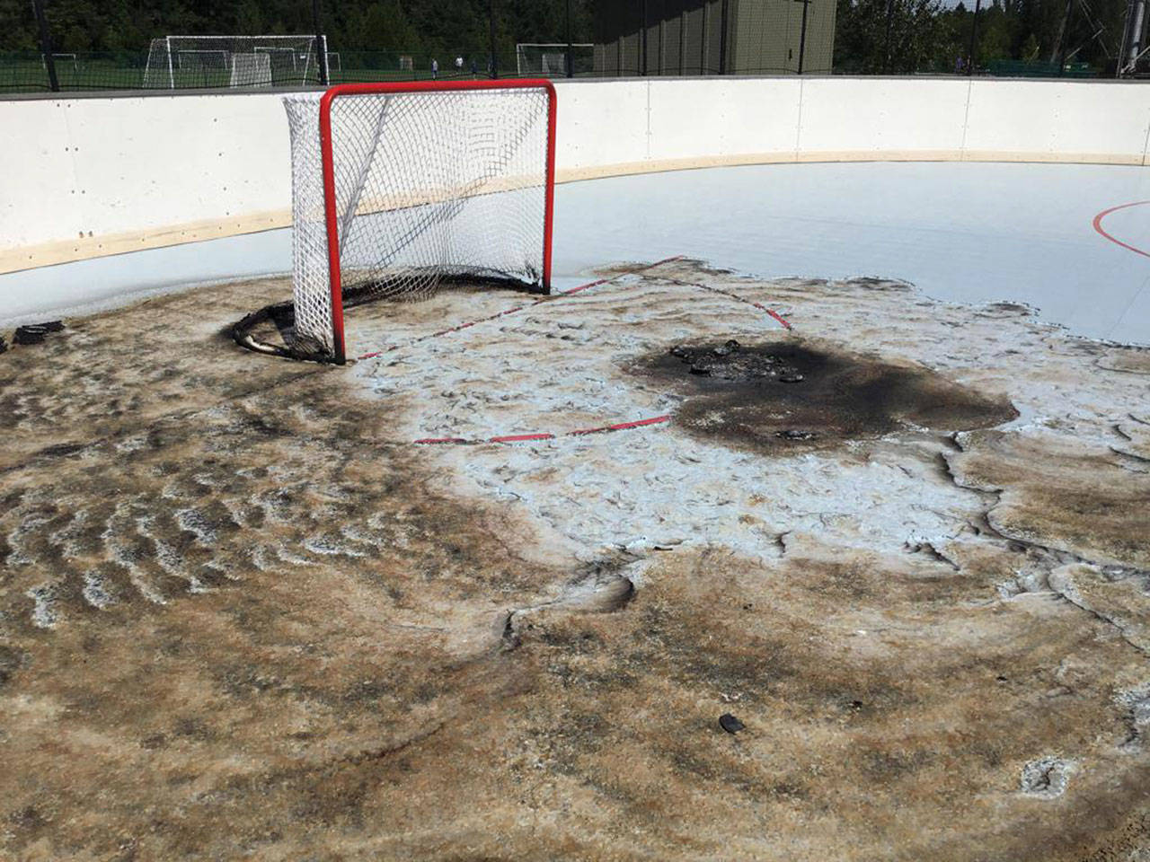 Photo courtesy of Bainbridge Roller Hockey League | A fire on the Battle Point Park roller hockey rink, set sometime late Saturday or early Sunday, temporarily halted the island league’s summer season this week.