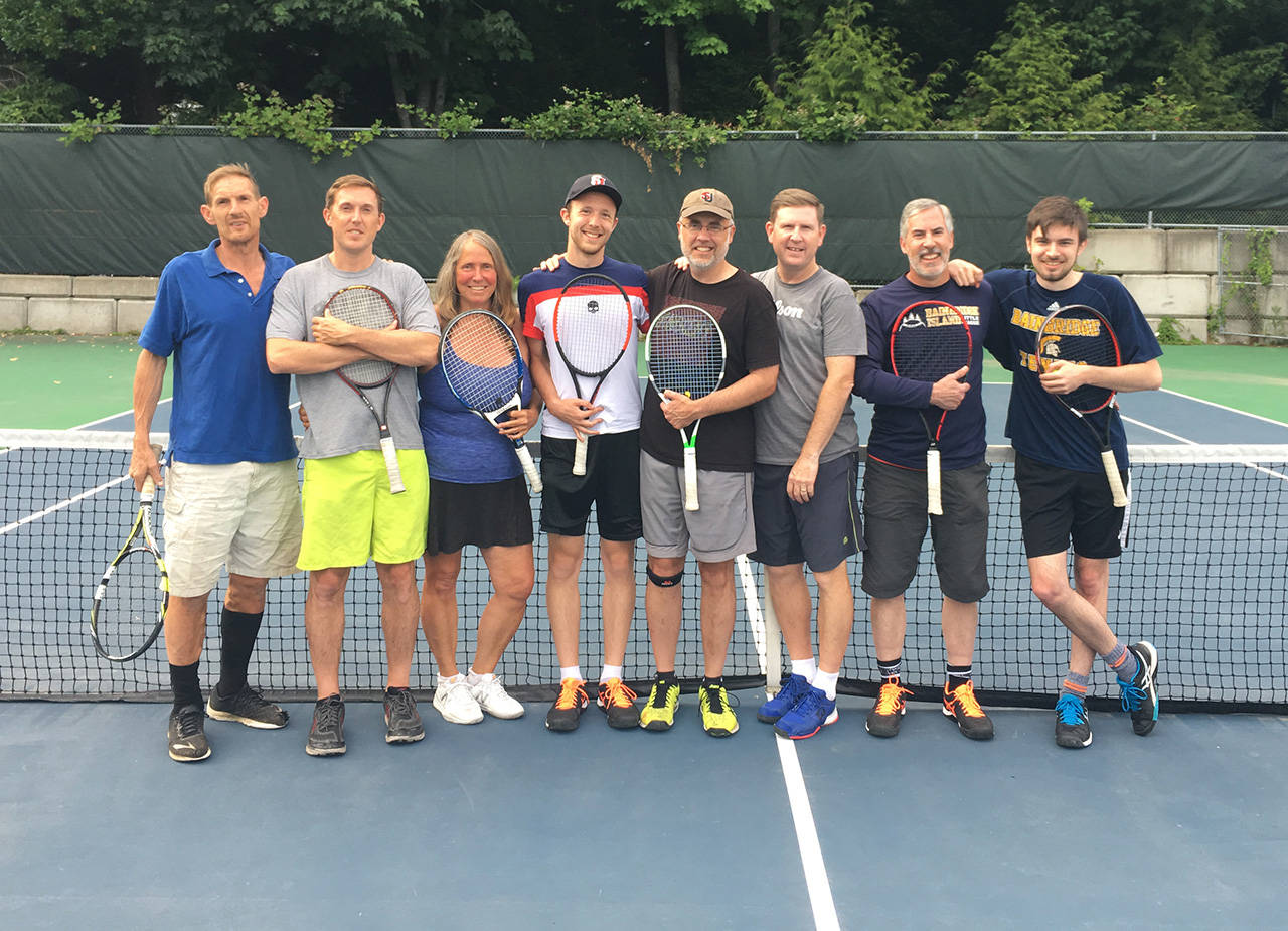Over one third of the adults playing in last Tuesday night’s Advanced Doubles were related to each other. Pictured from left to right: Anthony, Taylor and Julie Riely-Gibbons, Connor and Steve Rice, BCTA Advanced Doubles Coordinator Ross Eaton, and Paul and Aidan Sullivan. (Photo courtesy of BCTA)