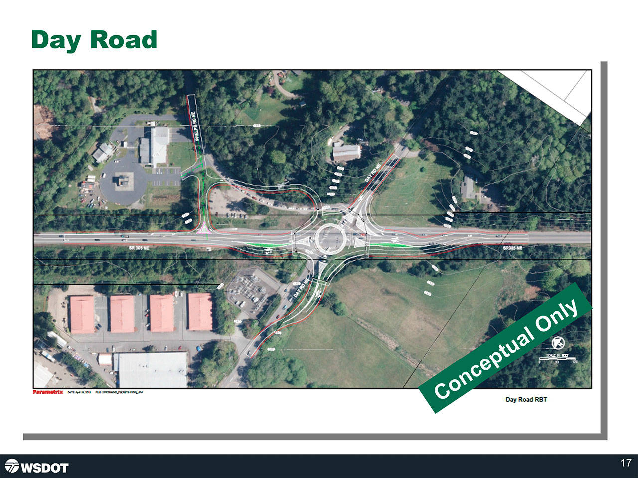 A view of the proposed Highway 305 roundabout at Day Road. (Image courtesy of the city of Poulsbo)