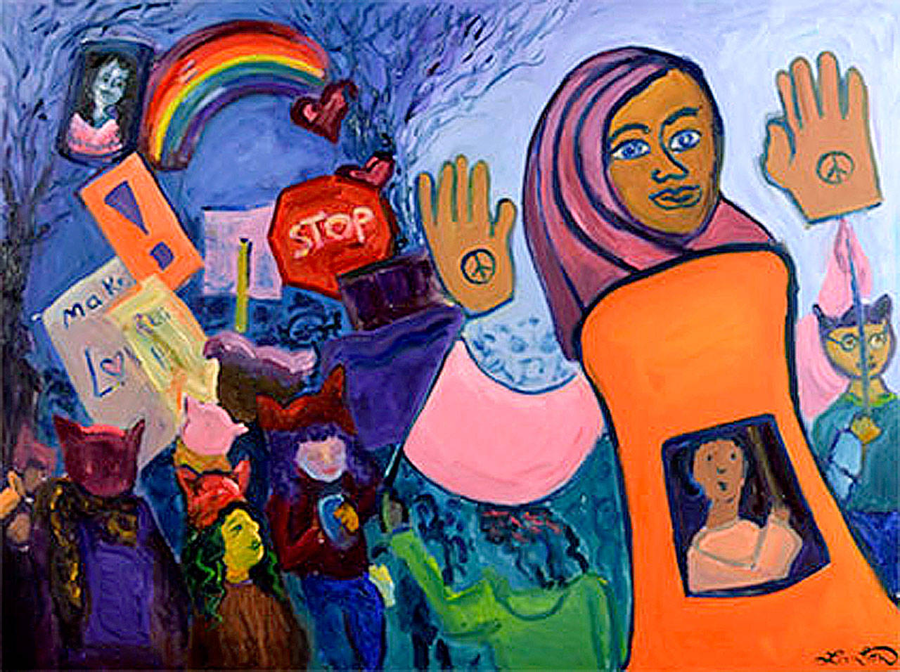 “Women’s March,” oil on canvas by Andrea K. Lawson (Image courtesy of The Island Gallery)