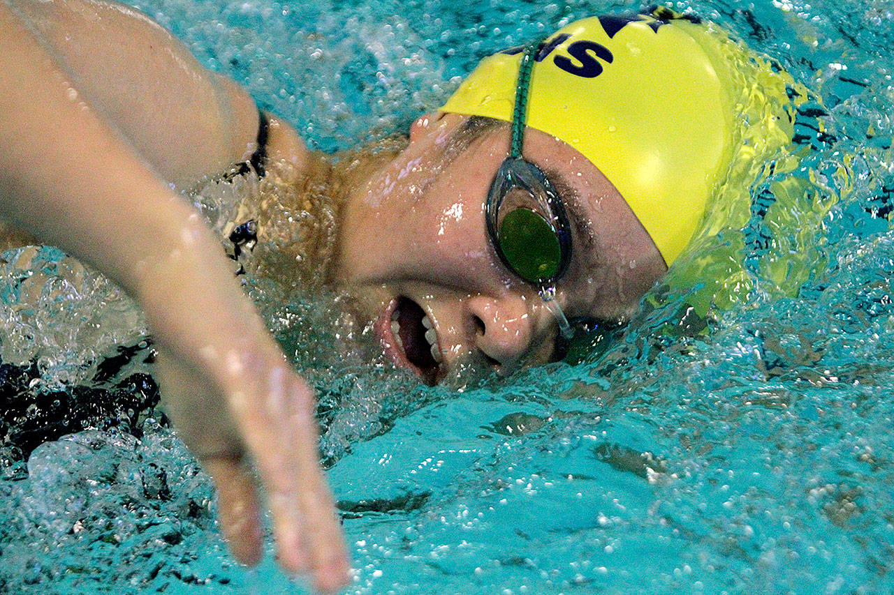 The Spartans’ Hannah Lee competes in the 500-yard freestyle against Port Angeles. (Brian Kelly | Bainbridge Island Review)