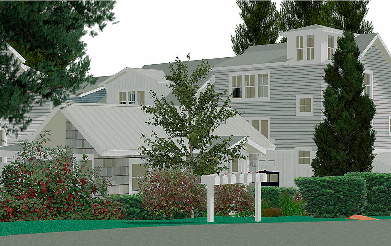 An architect view of the Ericksen Townhomes project, with the historic Henry Groos House shown at front left. (Image courtesy of the city of Bainbridge Island)