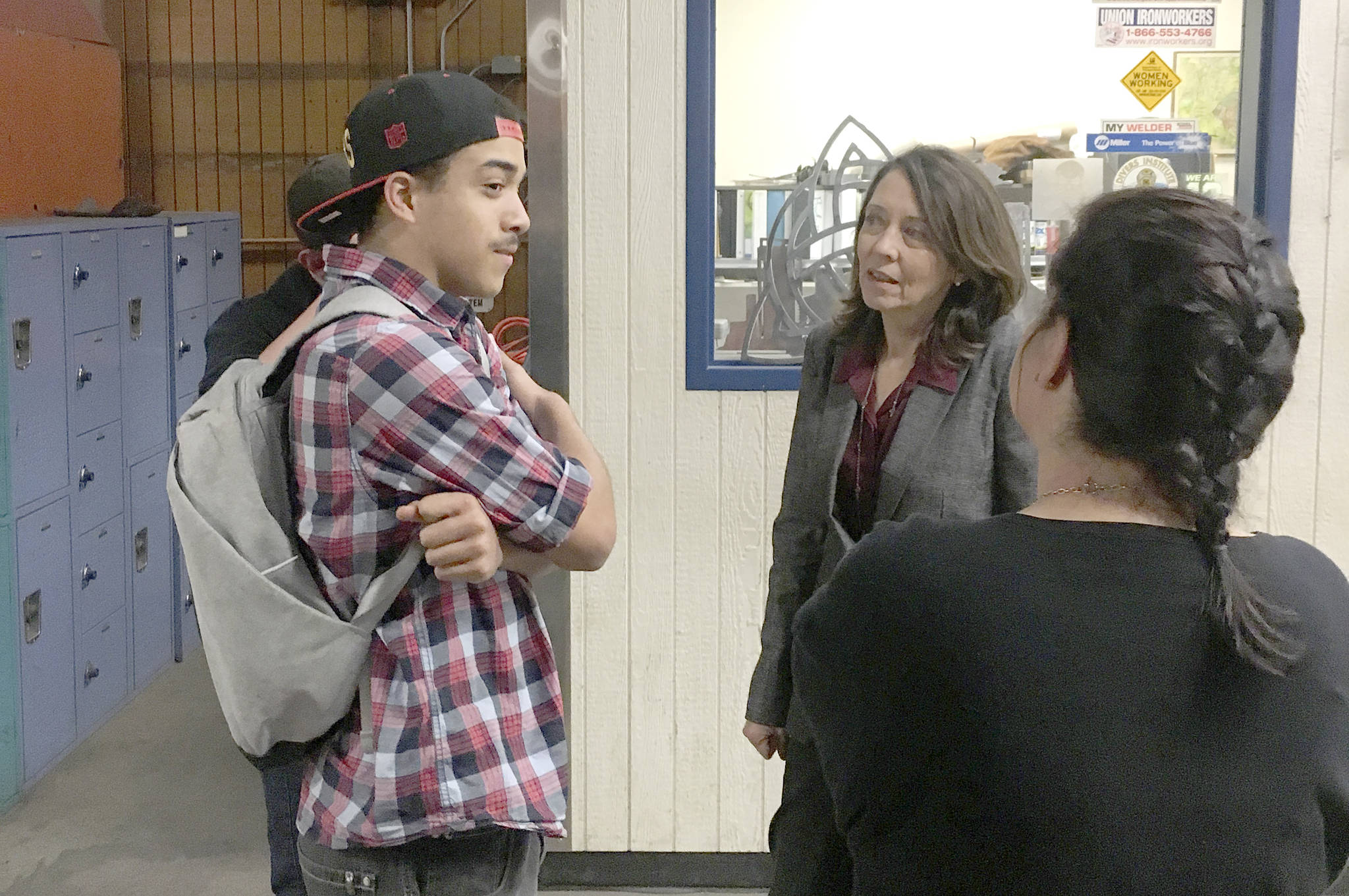 U.S. Senator Maria Cantwell chatted with high school senior Izaak McCoy at the West Sound Technical Skills Center in Bremerton last Tuesday. McCoy, who is studying welding, said he has three job offers. (Gabe Stutman | Kitsap News Group)