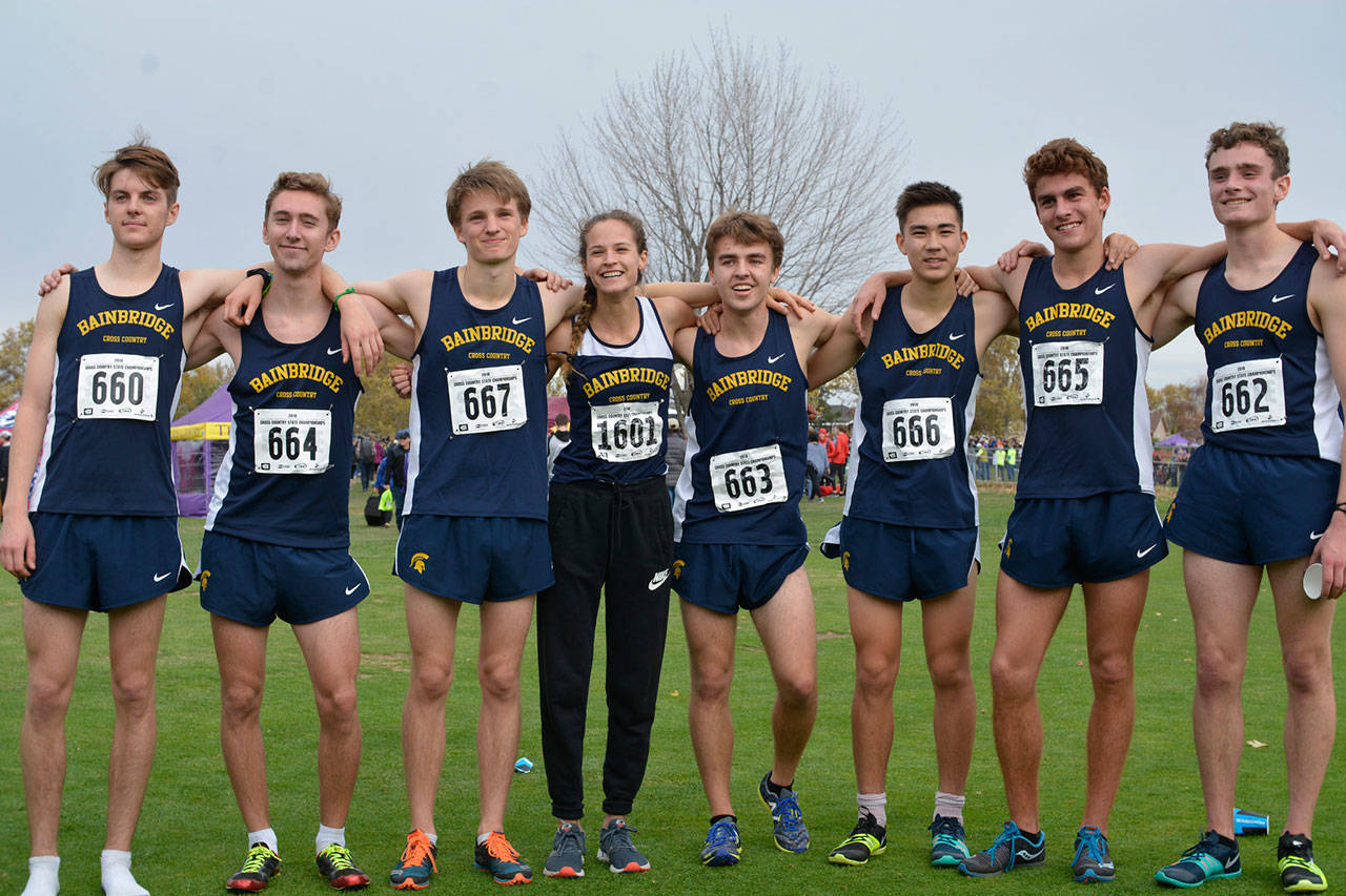 Rick Peters photo | Members of the Bainbridge High School boys cross country team at the recent State meet, along with Eva Entress, the only Spartan girl to qualify for the season’s ultimate meet this year.