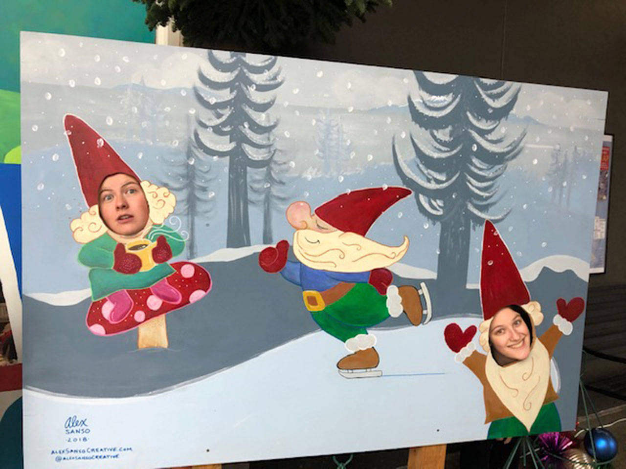 Gnome-theme boards have been put up around Winslow to create a fun-filled photo opp for downtown visitors during the holiday season. (Photo courtesy of Lari Seltzer)