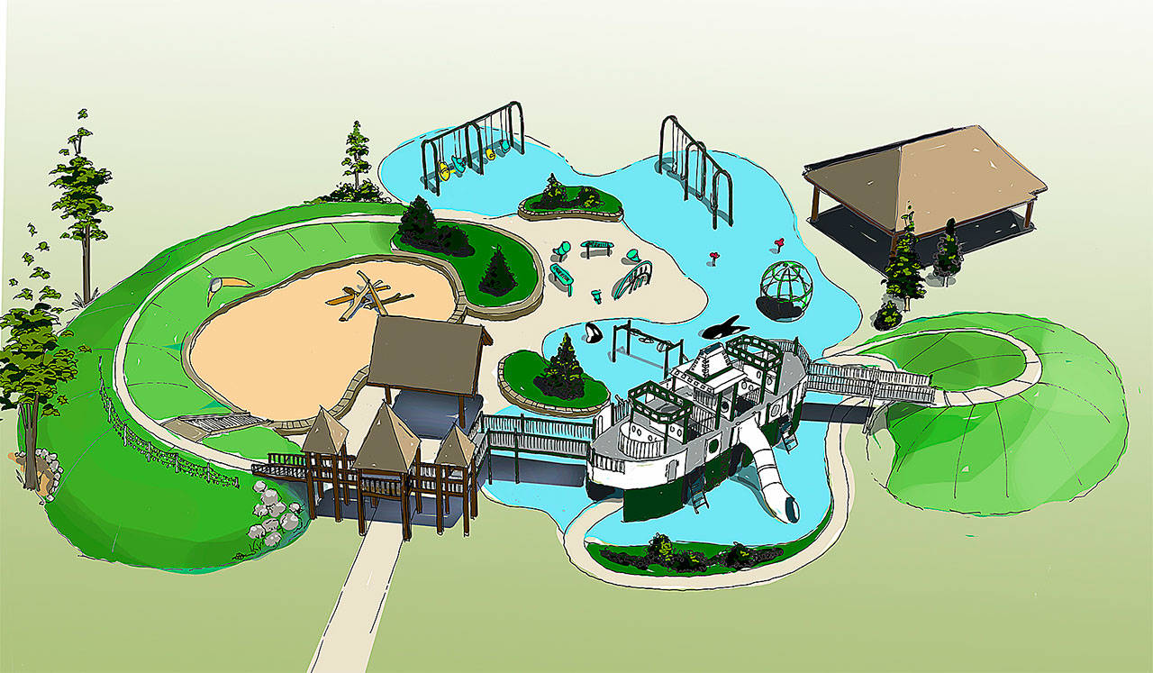 An artist’s rendition shows the ferry boat playground structure and adjoining features. (Image courtesy of the Bainbridge Island Metropolitan Park Recreation District)