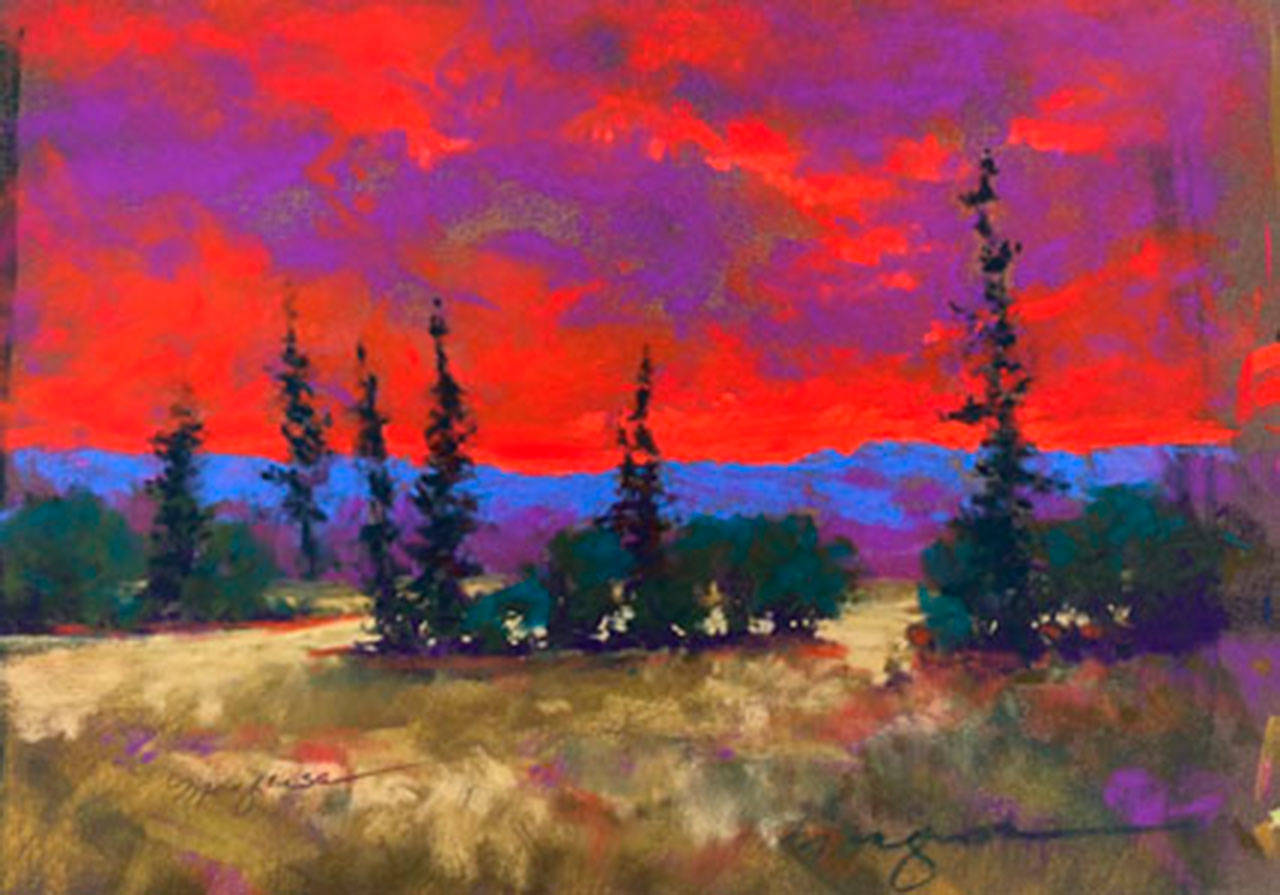 Image courtesy of Jeffrey Moose Gallery | “Red Skies VI,” pastels on paper, by Darlene Morgensen, on display in February at the Jeffrey Moose Gallery.