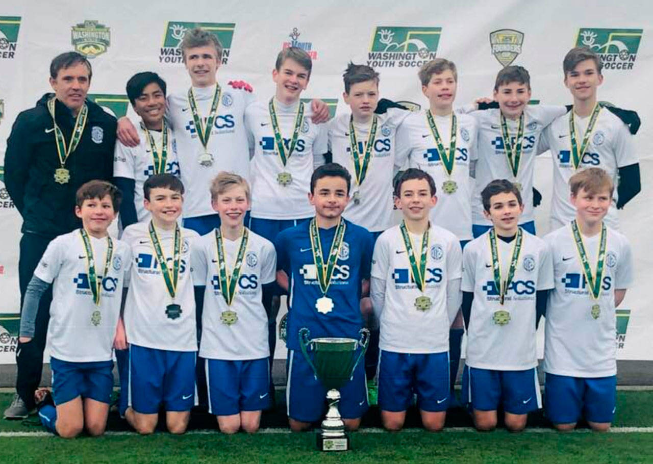 Photo courtesy of Ian McCallum | The Bainbridge Island Football Club’s B05 Blue (the 2005 boys), coached by Phil Avison, claimed a state title at the recent 2019 Washington Youth Soccer Founders Cup championship.