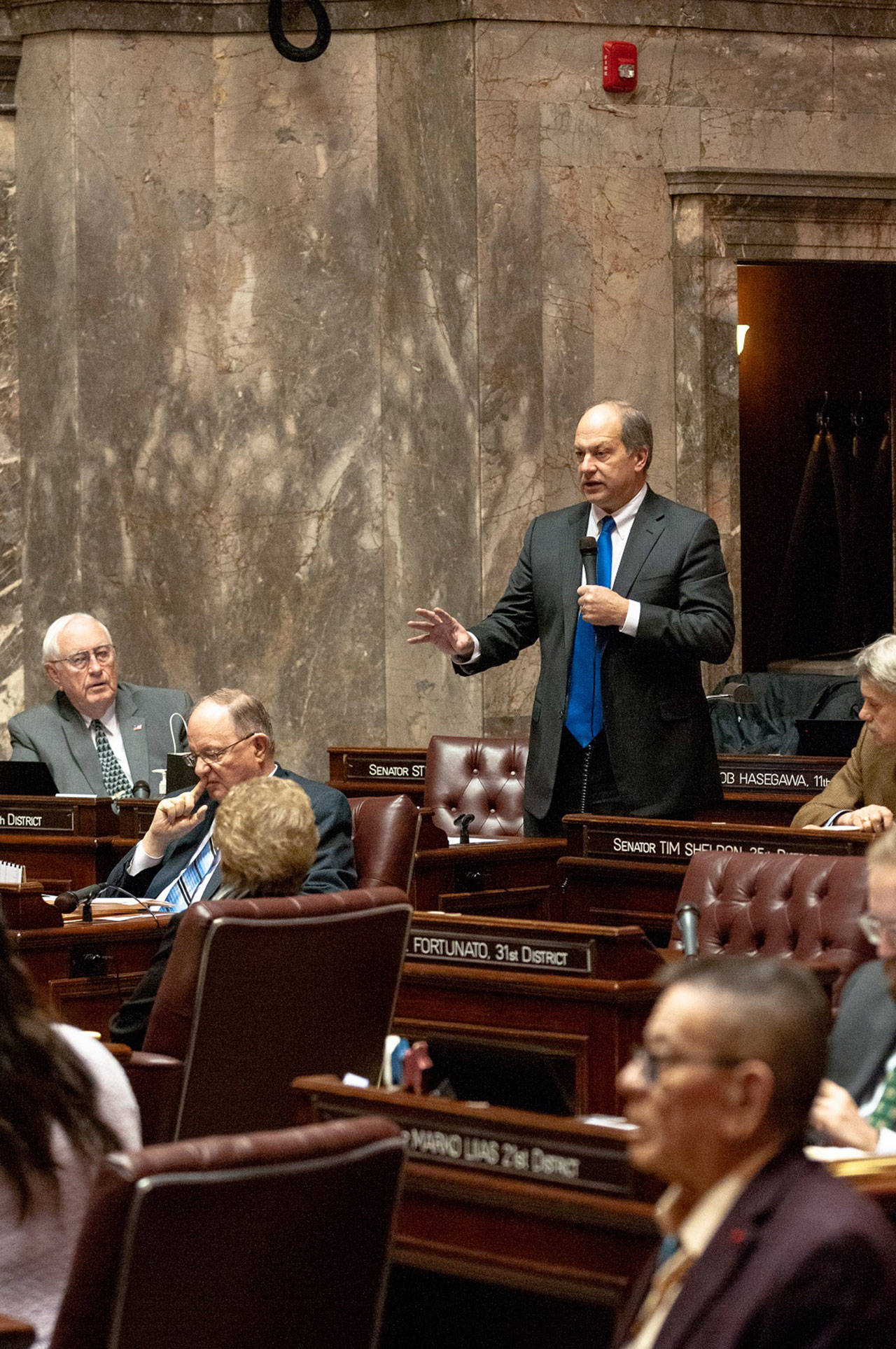 Senator Steve O’Ban, R-Tacoma, speaks on the Senate floor Friday in opposition to removing the death penalty. (Photo by Sean Harding, WNPA Olympia News Bureau)