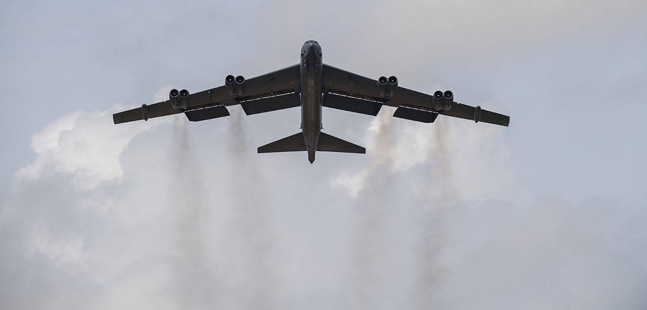 A B-52 Stratofortress takes off during a training mission at Barksdale Air Force Base, Louisiana in October. (U.S. Air Force photo by Airman 1st Class Tessa B. Corrick)