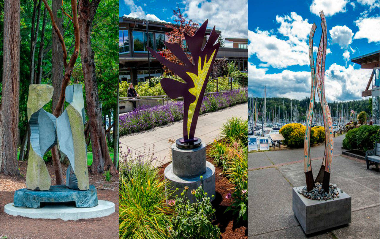 Three pieces were installed on bases in downtown Winslow last summer in the pilot year for the “Something New” public art project. (Photo courtesy of the city of Bainbridge Island)