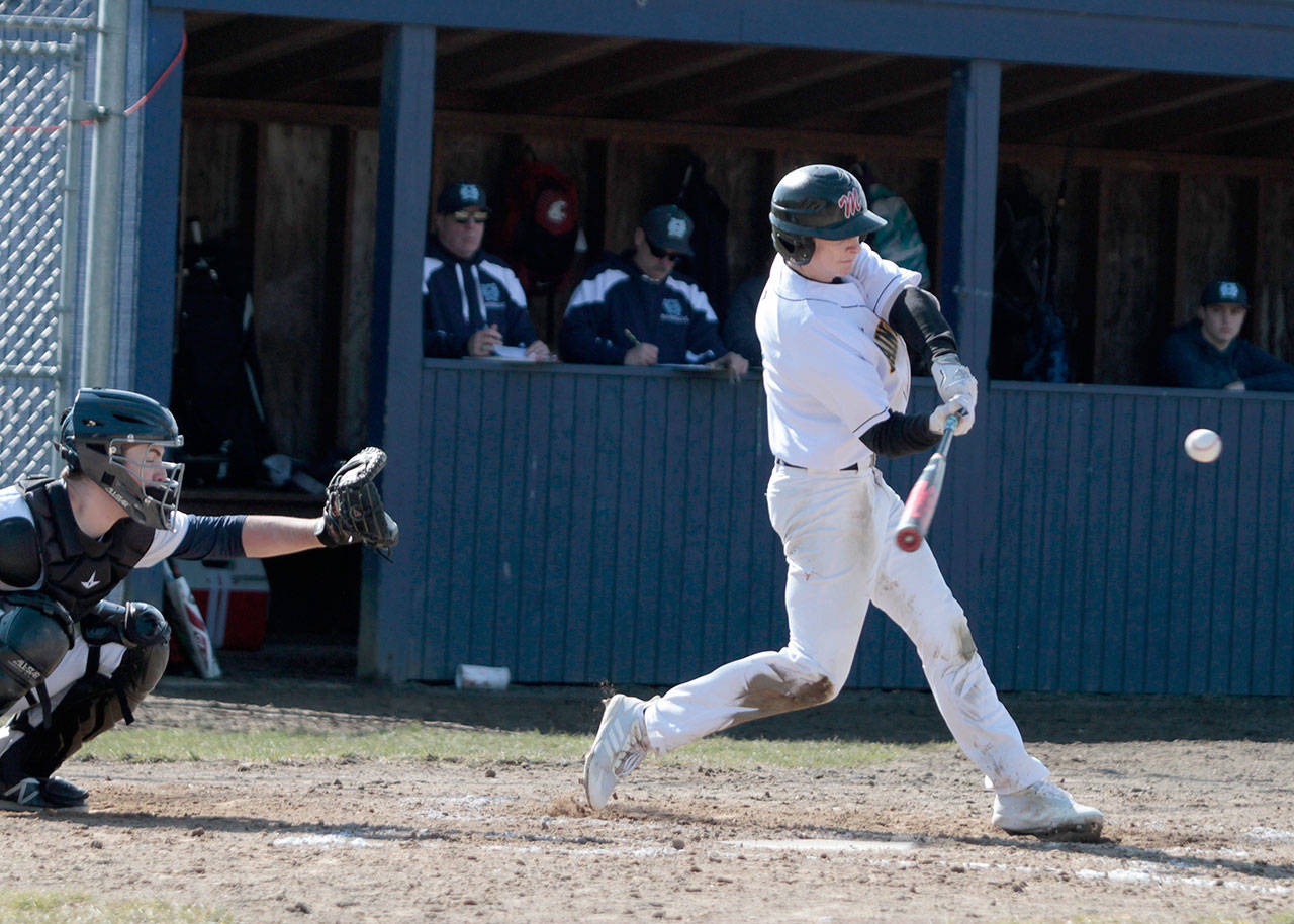 Luciano Marano | Bainbridge Island Review - Spartan sophomore Owen McWilliam batted in a home run, the first of the year, during the Bainbridge High School varsity baseball team’s debut outing at home Saturday, March 9. The island squad scored a 4-0 win against Gig Harbor.