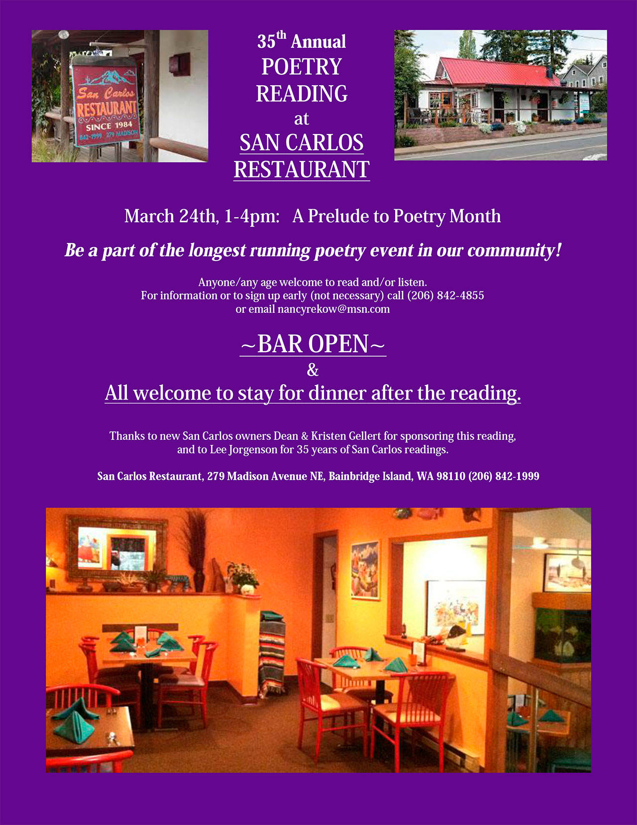 Image courtesy of Nancy Rekow | The annual poetry reading at San Carlos Restaurant will return at 1 p.m. Sunday, March 24.