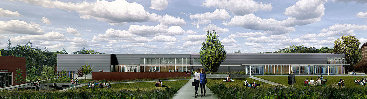 An architect drawing of the new 100 Building on the Bainbridge High campus. (Image courtesy of the Bainbridge Island School District)