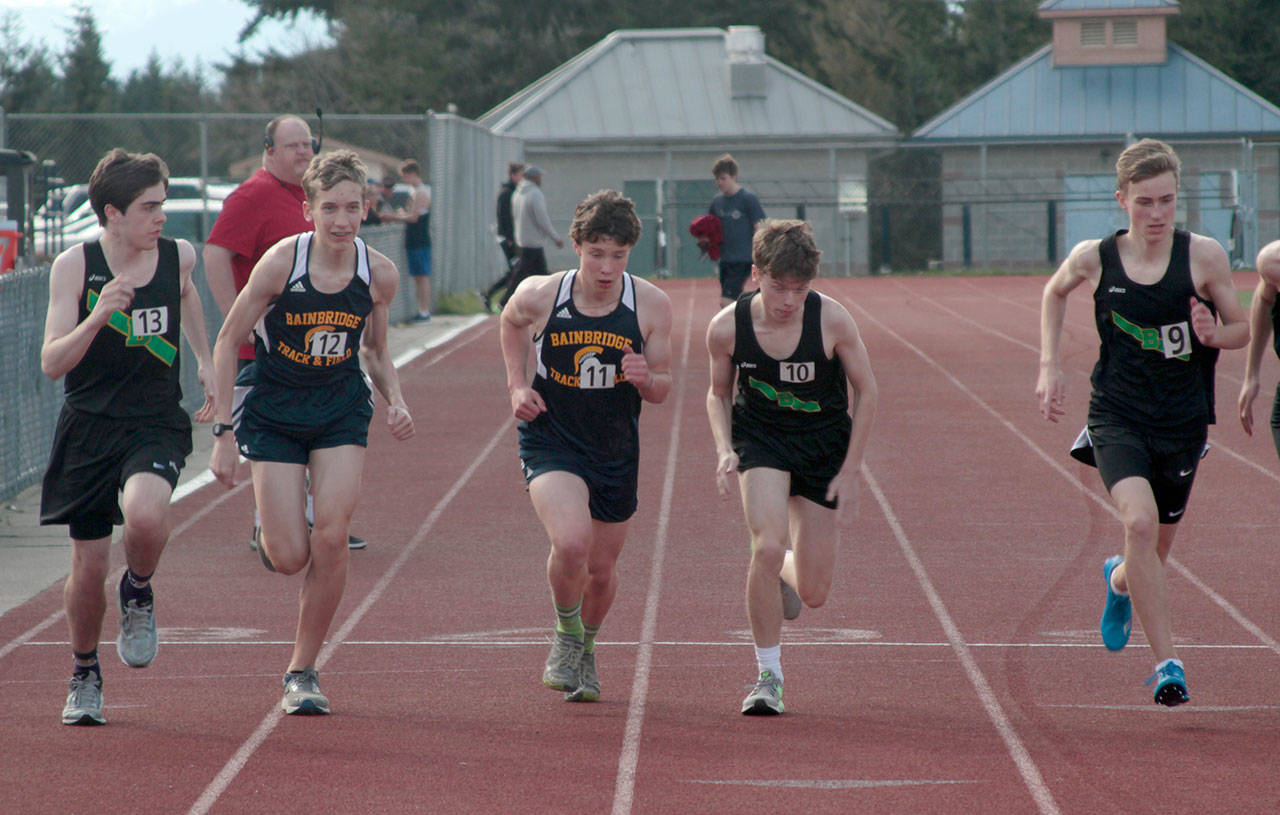 Luciano Marano | Bainbridge Island Review - The Spartans ranked a solid second in both the men’s and women’s events at a recent three-school track-and-field meet at Bainbridge High School, competing against teams from Bishop Blanchet and Lakeside.
