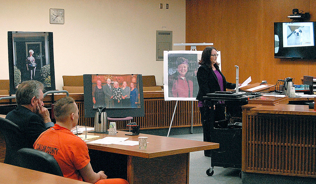 Benjamin G. Bonner, seated, with attorney John Hayden, left, as Clallam County Deputy Prosecuting Attorney Michele Devlin reads a narrative describing the death of Cynthia Little of Sequim and her dog, Jack, during Bonner’s sentencing Tuesday in Clallam County Superior Court in Port Angeles. (Keith Thorpe | Peninsula Daily News)