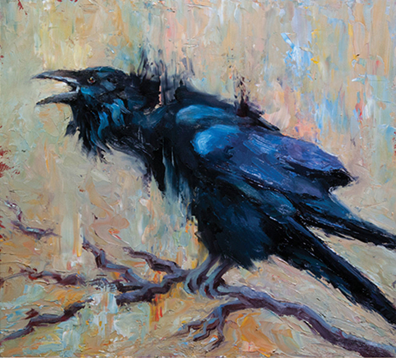 Cheri Christensen Muninn (one of the Ravens Huginn and Munnin of Norse Mythology), 12x12 framed oil on panel. (Image courtesy of Roby King Gallery)