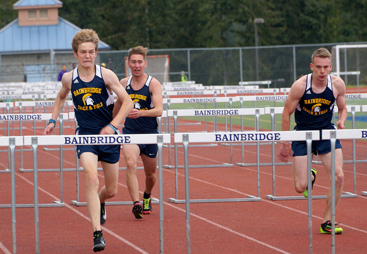 Luciano Marano | Bainbridge Island Review - The Spartans notched a number of best finishes, including several new season and personal records, at a three-school track-and-field meet on Thursday, May 2.