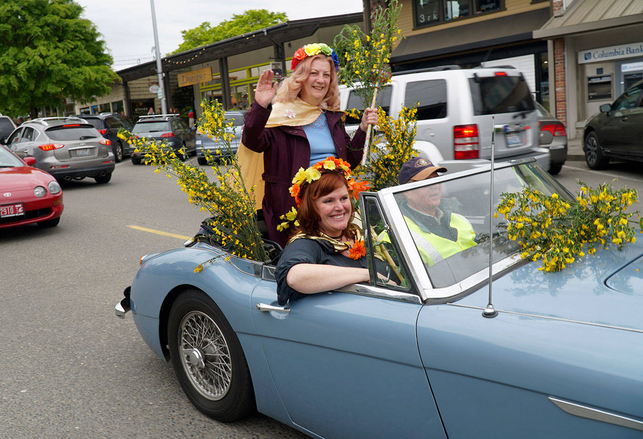 Luciano Marano | Bainbridge Island Review - This year’s Scotch broom queen, Jennifer Carrillo, rides shotgun in the quirky annual “impromptu” parade Wednesday, May 15, while prior queen Mickey Molnaire rides up top.
