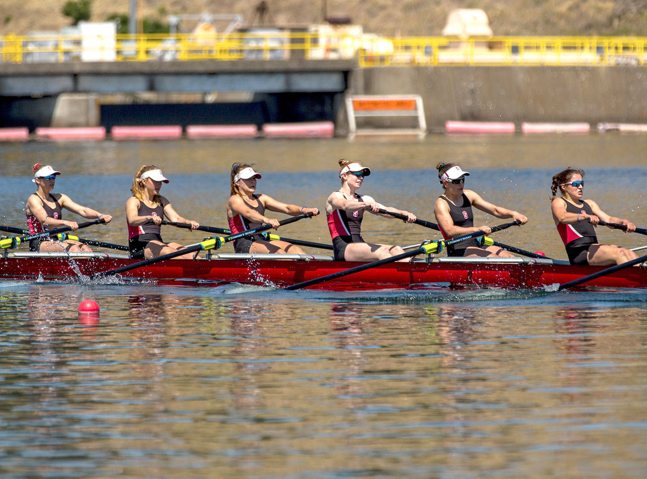 Jim Hinson photo | Bainbridge High School graduate Samantha Dore (second from right) competes with the Stanford Lightweight Women’s Rowing Team, earning a gold medal on June 2 at the Intercollegiate Rowing Association National Championship Regatta.