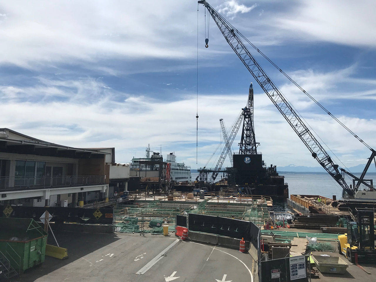 Crews work on the new steel and concrete dock on the north side of Colman Dock in this June photo. (Photo courtesy of Washington State Ferries)