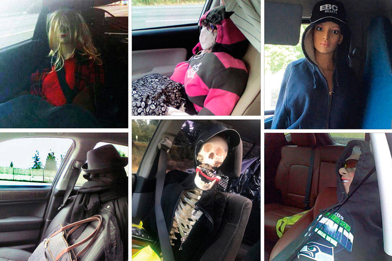 Some drivers get creative pretending they are eligible to use the HOV lanes by putting a dummy in the passenger seat. These photos show a few of the “passengers” confronted by Washington State Patrol troopers in the past few years. (Photos courtesy of Washington State Patrol)