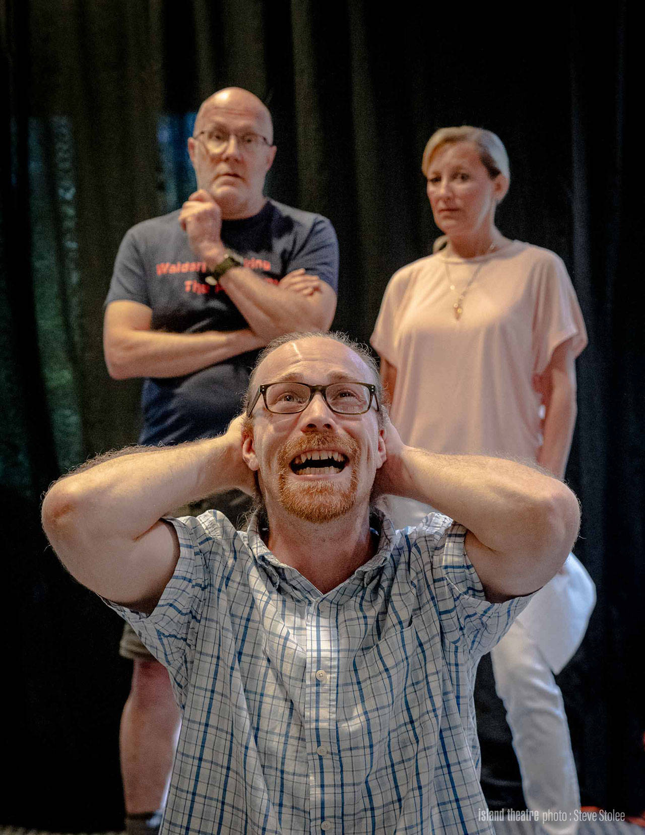 Steve Stolee photo | David Hager, Tammy Byergo and Kristopher Jones compete for a role in “Let Me Finish,” a short play by Dan Rosenberg in this year’s Island Theatre’s Ten-Minute Play Festival.