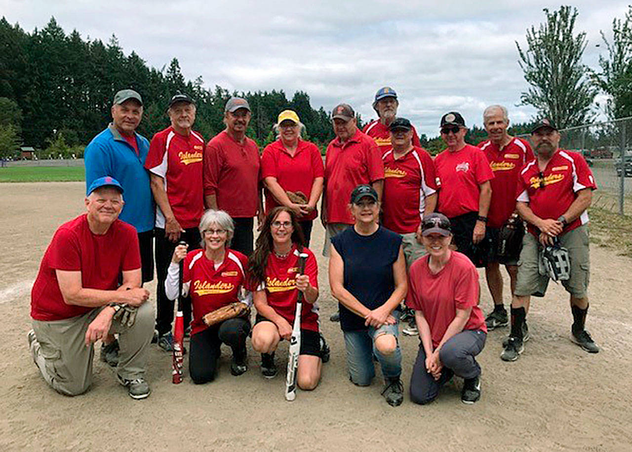 The Bainbridge Park and Rec Senior Softball team gathers for a photo. (Photo courtesy of the Bainbridge Island Metropolitan Park Recreation District)