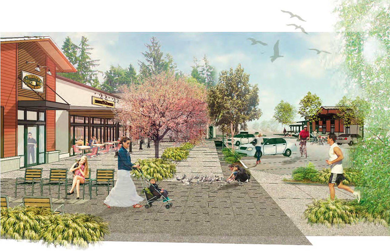 An architect’s drawing of the plaza at Visconsi’s Wintergreen development. The Ohio-based development company is now planning to build two apartment buildings on the site next to High School Road and Highway 305. (Image courtesy of the city of Bainbridge Island)