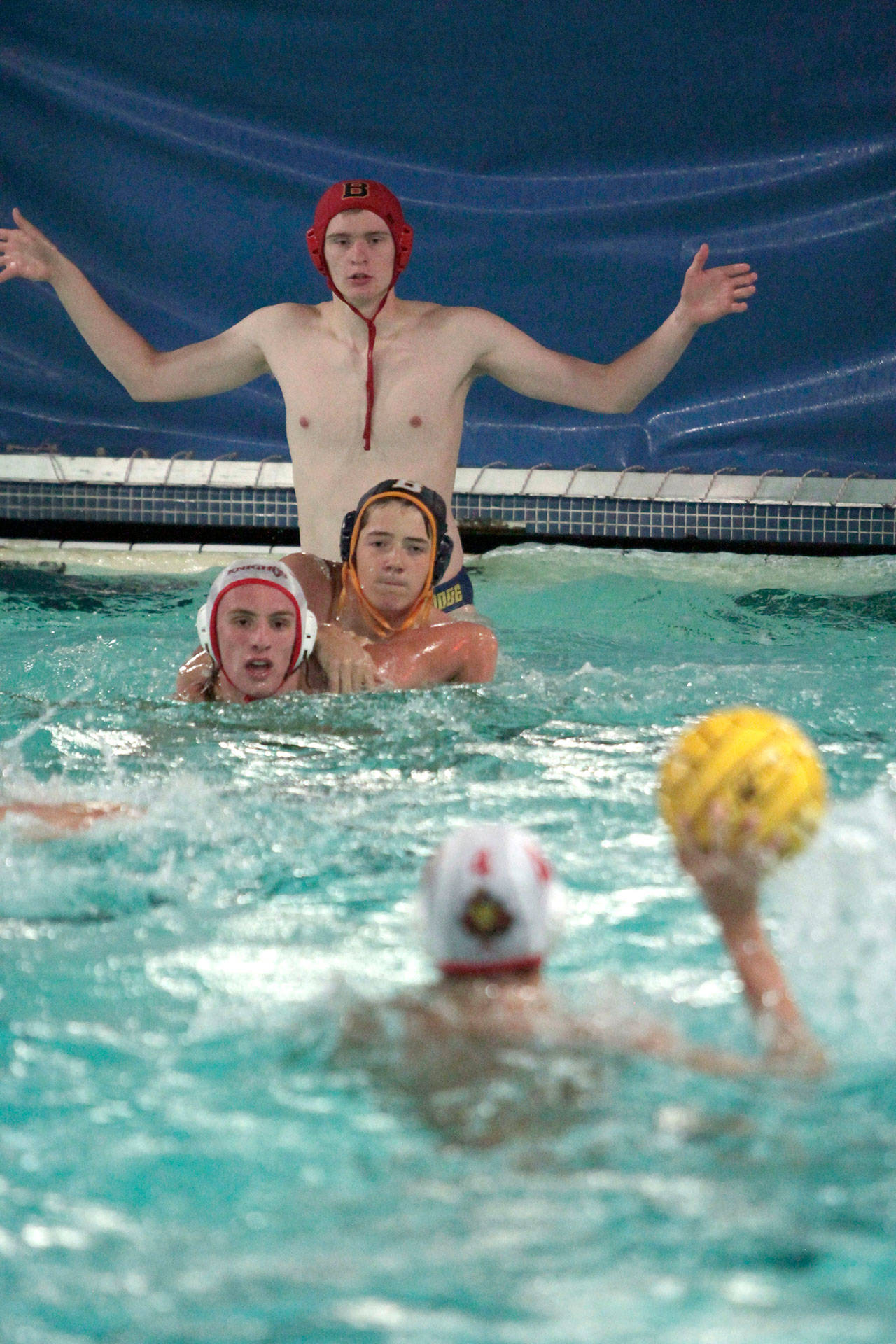 Luciano Marano | Bainbridge Island Review - The Bainbridge High School varsity boys water polo team escaped from a slow start to claim a decisive 19-8 win against the visitors from Newport High in their first match of the season Tuesday, Sept. 10.