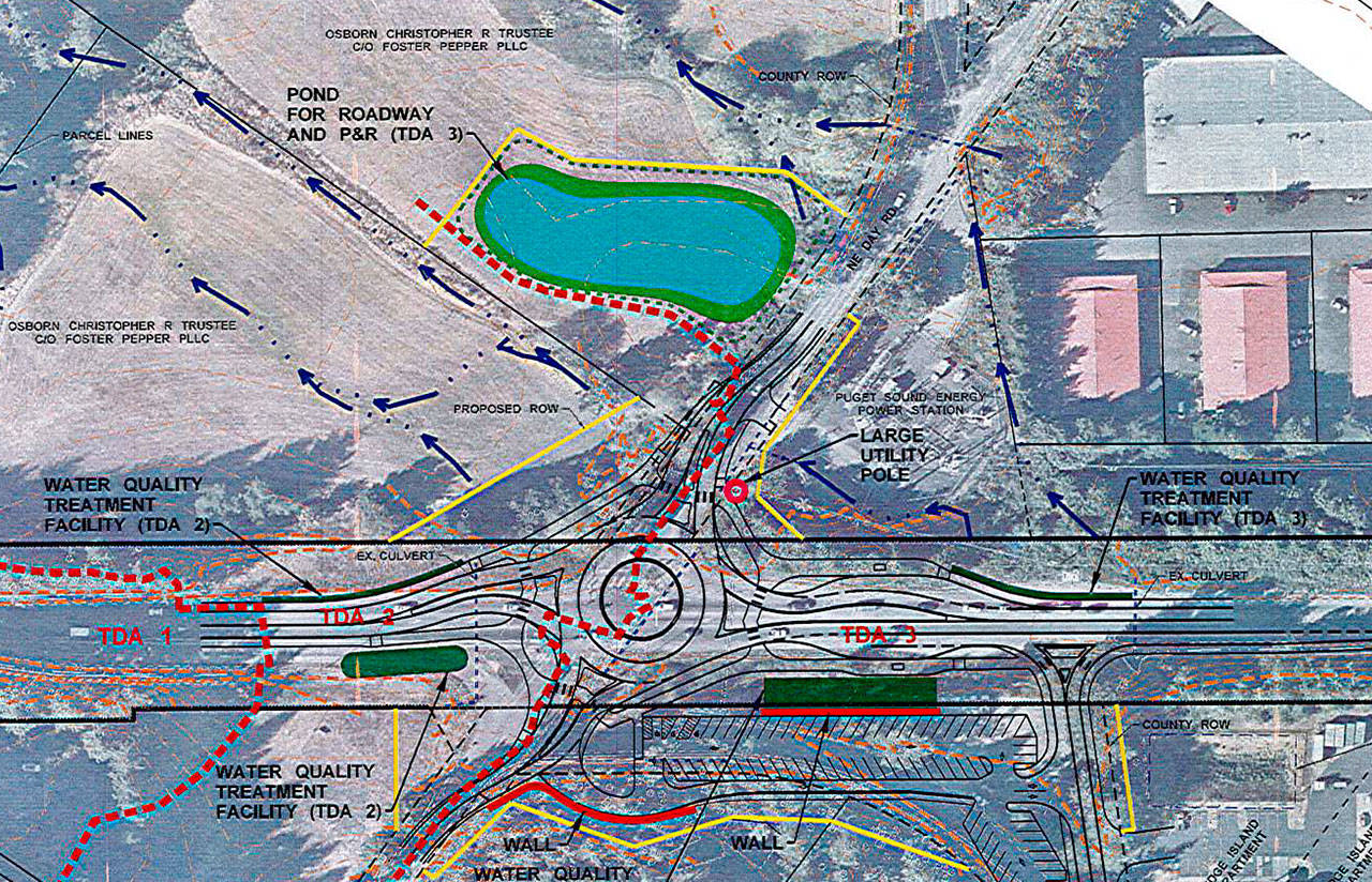 Design plans for the proposed Highway 305/Day Road intersection include the construction of a large stormwater detention pond on protected farmland property at the southwest corner of the Intersection. (Image courtesy of the city of Bainbridge Island)