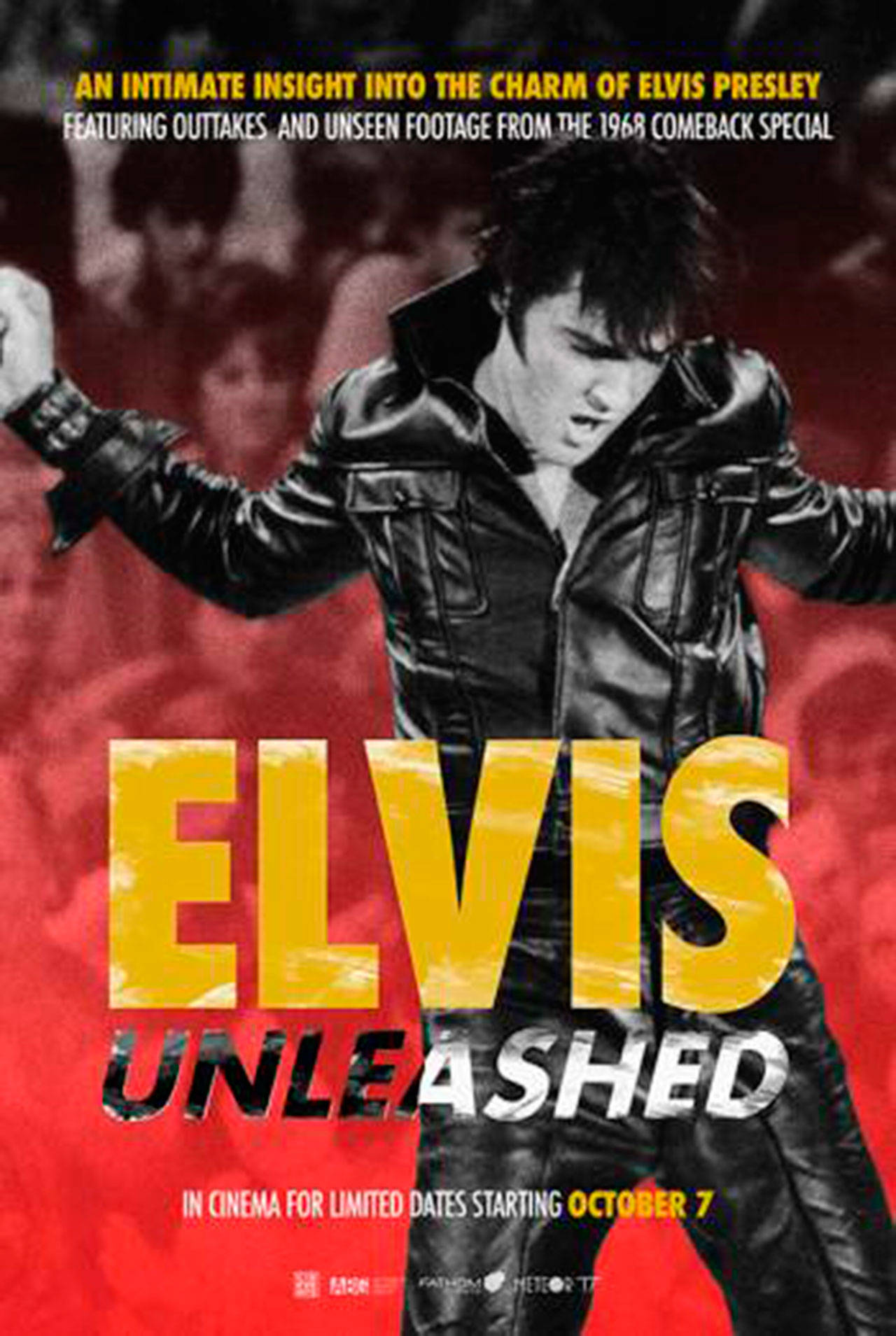 Image courtesy of FathomRocks.com | “Elvis Unleashed,” featuring previously unseen footage of the King as he filmed the iconic “68 Comeback Special,” will be screened one-night-only at Bainbridge Cinemas, at 7 p.m. Thursday, Oct. 10.