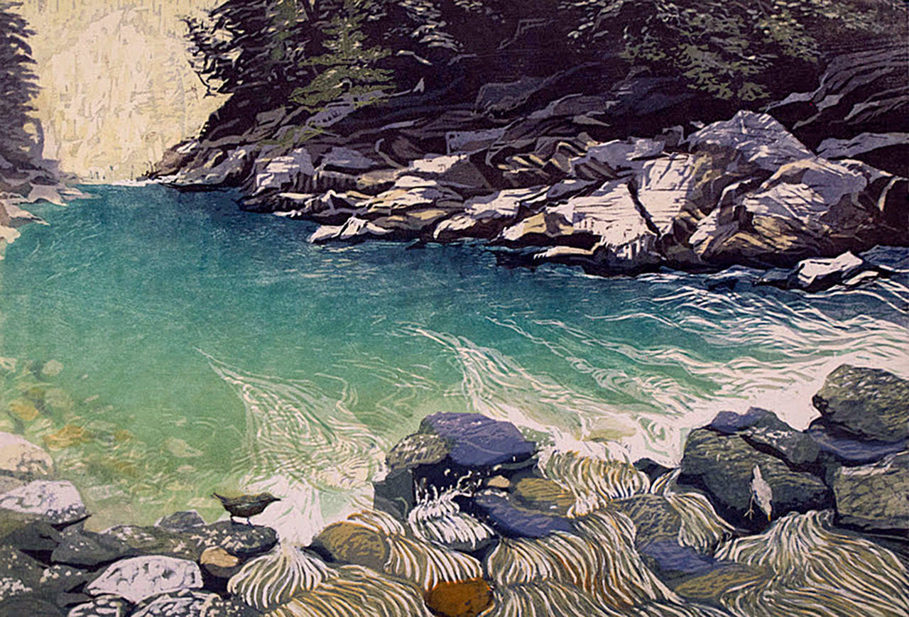 “Smith River Canyon” (reductive woodblock) by Melinda Whipplesmith Plank. (Image courtesy of Roby King Gallery)