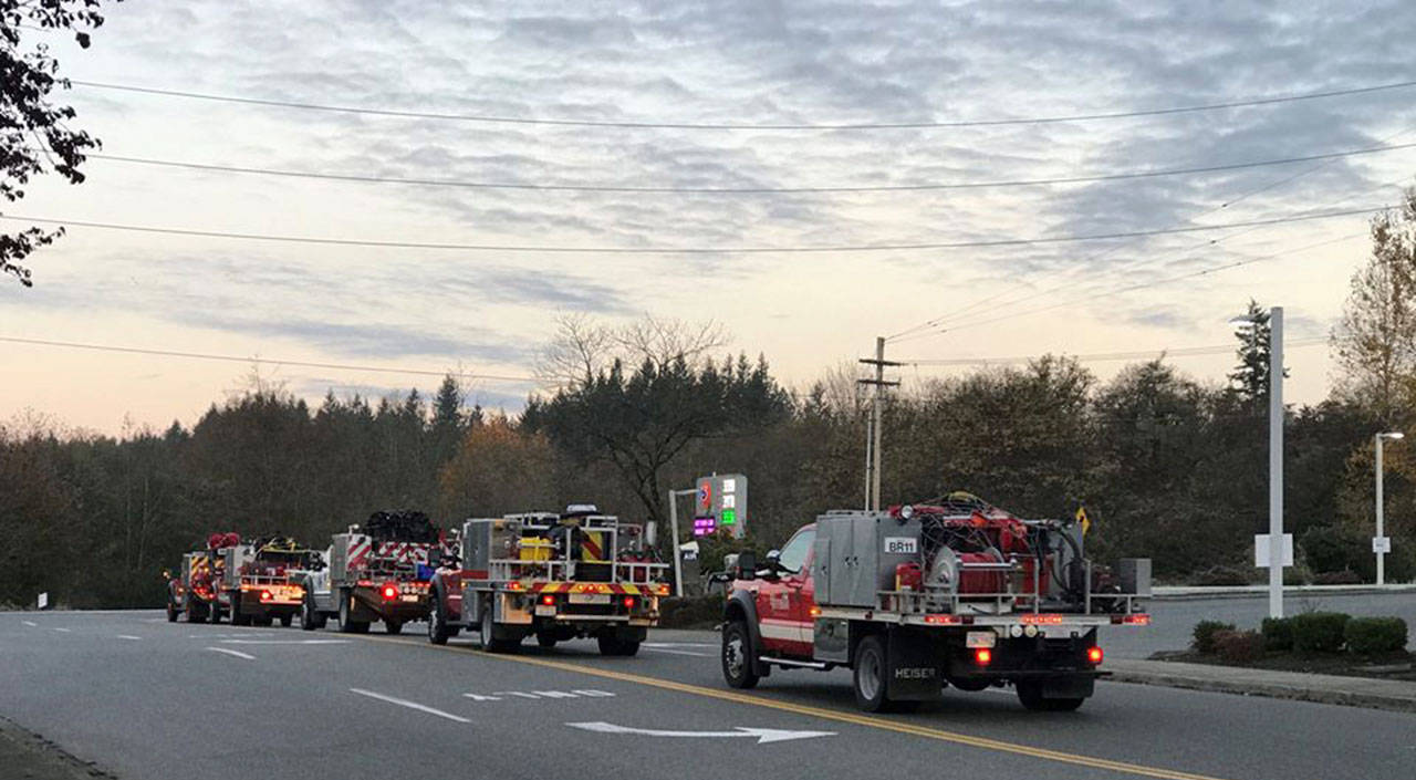 A five-engine strike team with crews from East Jefferson Fire Rescue, Port Ludlow Fire & Rescue, the Bainbridge Island Fire Department, Central Kitsap Fire & Rescue, and North Kitsap Fire & Rescue left to help fight the massive fire in Souther California early Monday. (Photo courtesy of the Bainbridge Island Fire Department)