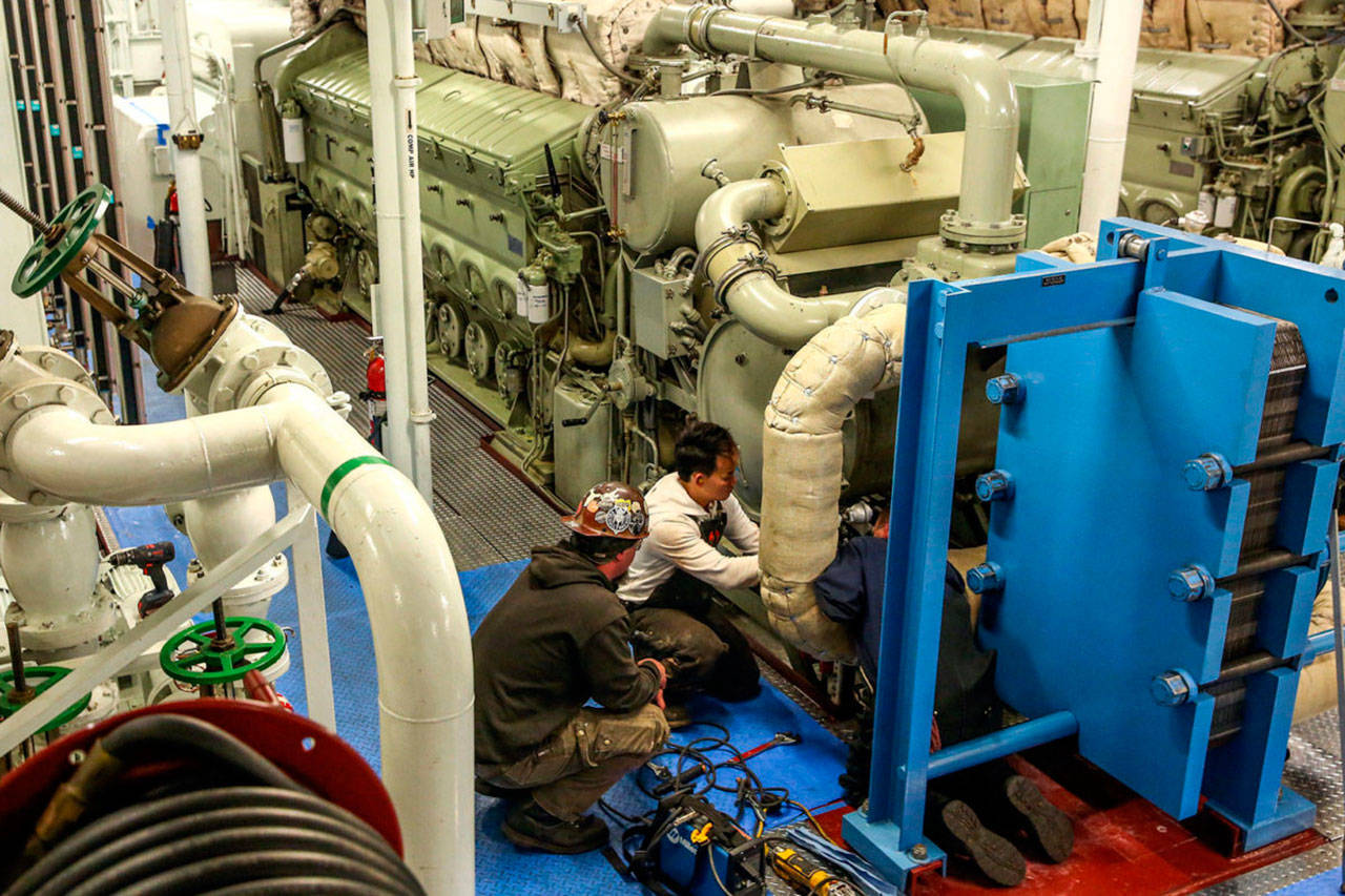Shaft alley aboard the Puyallup at the Eagle Harbor Maintenance Facility in Bainbridge on Oct. 31. (Kevin Clark | The Herald)