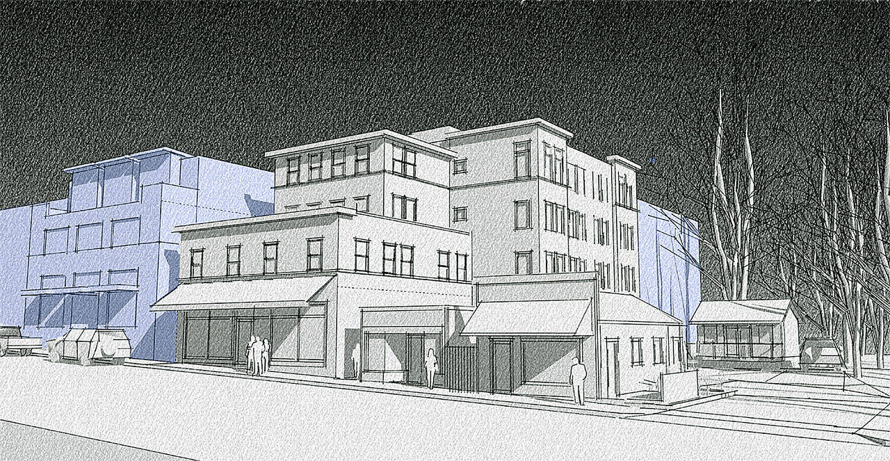 This sketch shows a view of the hotel project from Winslow Way, looking northwest. (Image courtesy of the city of Bainbridge Island)