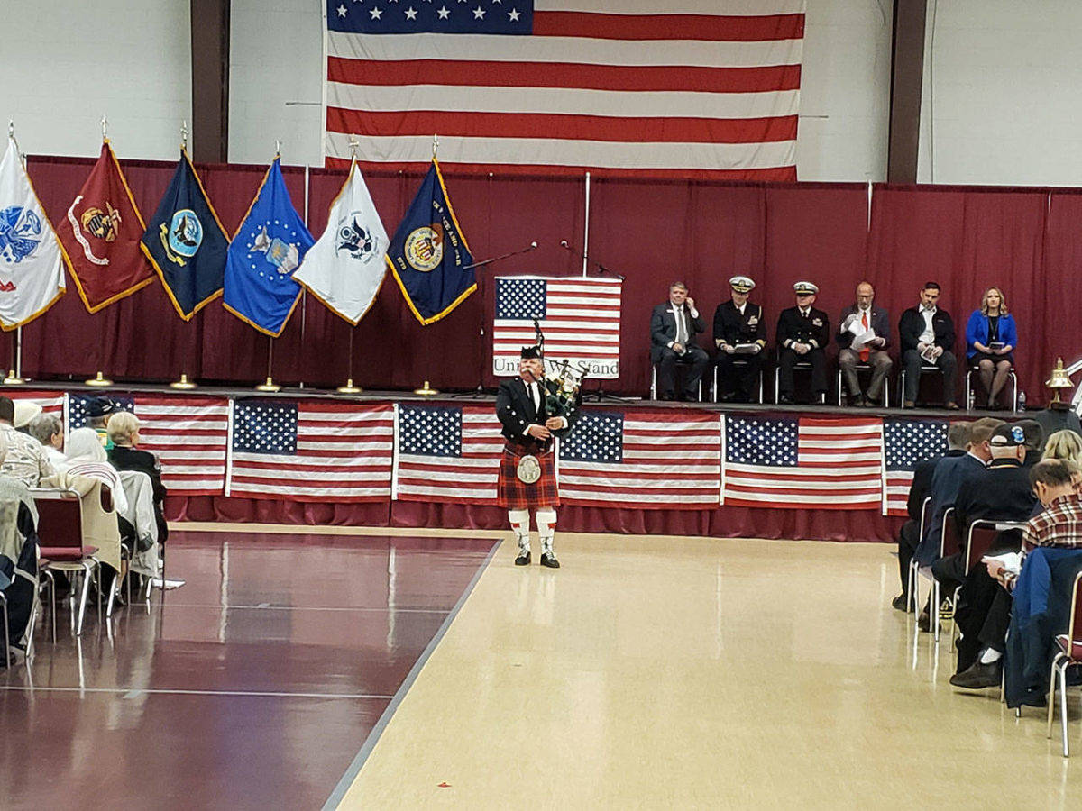 Bagpiper Michael Oliver opened Kitsap County’s Veterans Day ceremony at the Kitsap County Fairgrounds Monday. (Tyler Shuey | Kitsap News Group)