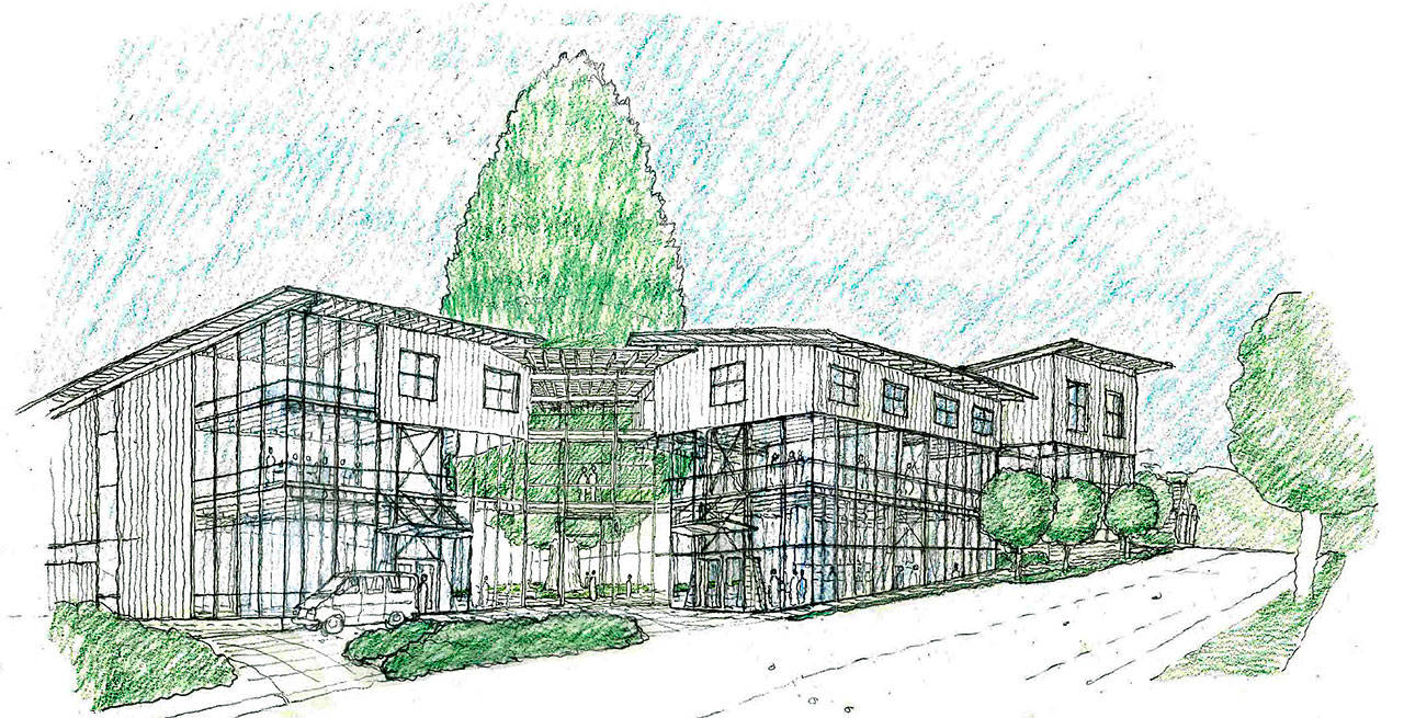 An architects sketch of the proposed Winslow Hotel, as seen from Winslow Way. (Image courtesy of the city of Bainbridge Island)