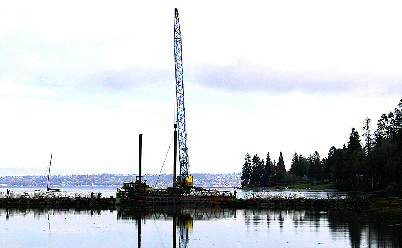 A large crane helps place the new bridge in Blakely Harbor in mid-November. (Photo courtesy of the Bainbridge Island Metropolitan Park Recreation District)