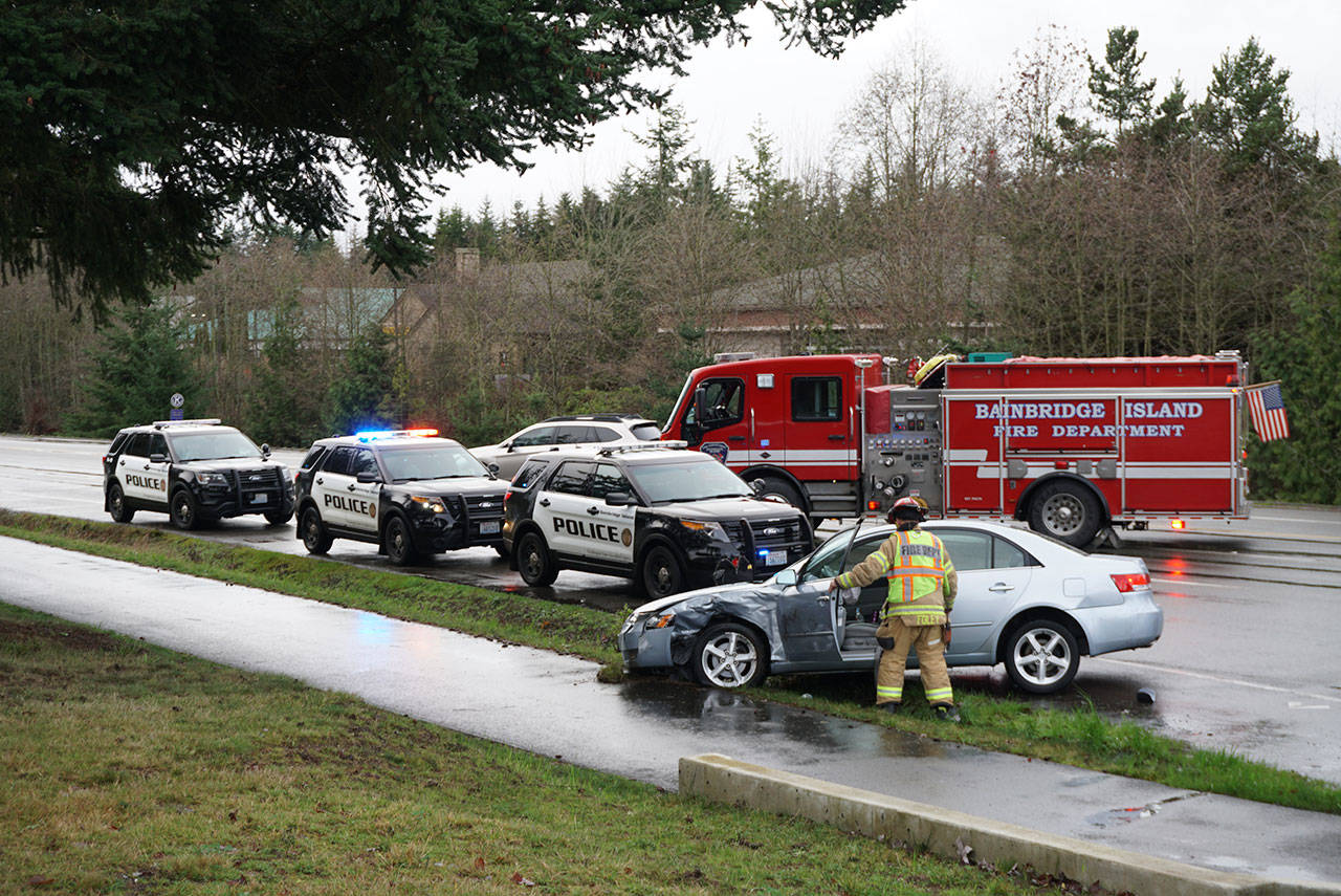 Luciano Marano | Bainbridge Island Review - A two-car crash at the intersection of High School Road and Highway 305 required a traffic detour Tuesday morning.